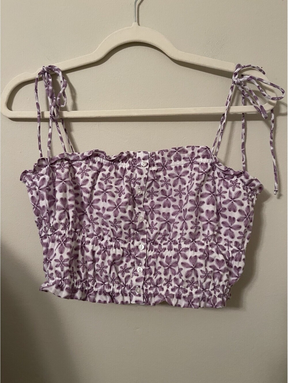 Aerie Women Purple White Floral Boho Crop Tie Shoulder Tank Small S Top
